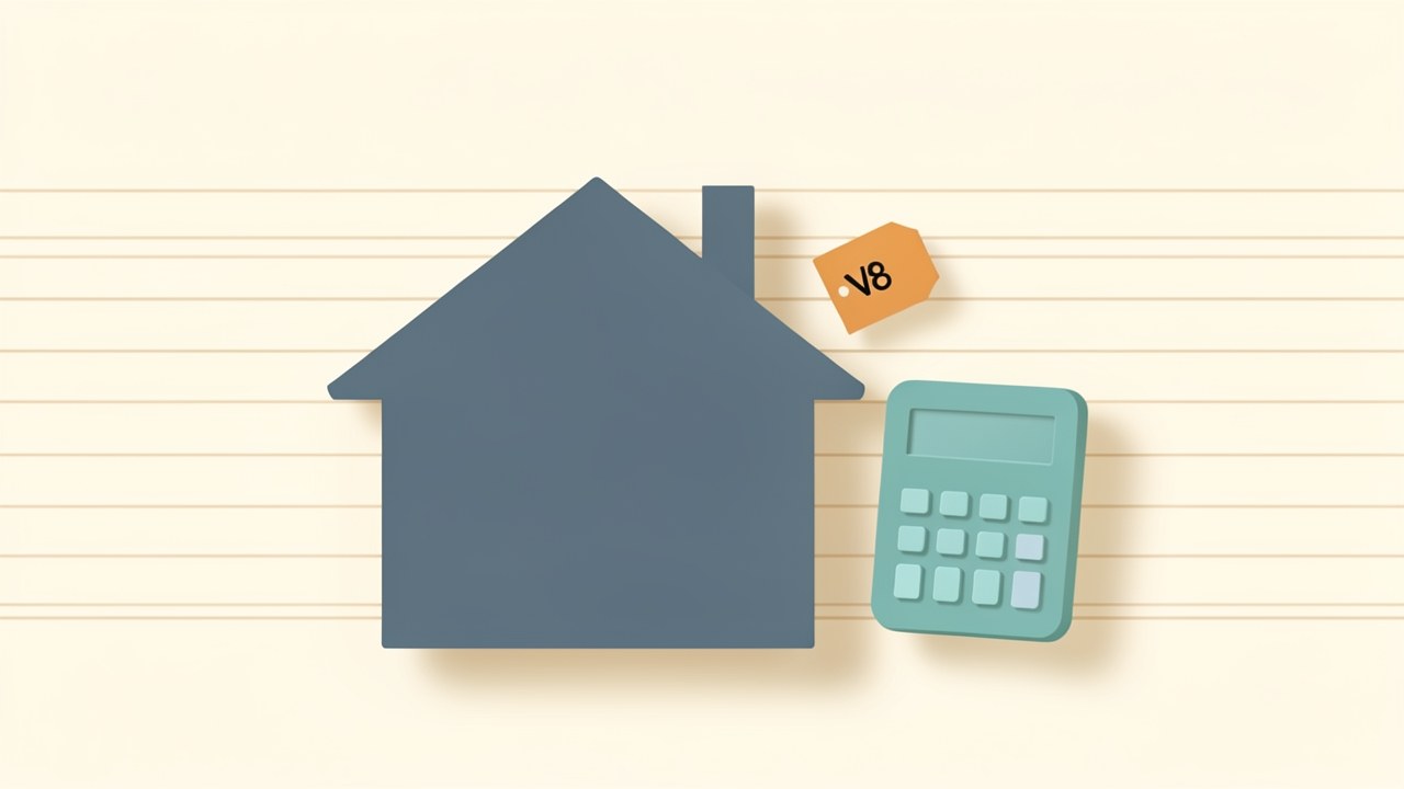 A clean, warm illustration of a house with a price tag and a small calculator, set against a background of subtle ledger lines.