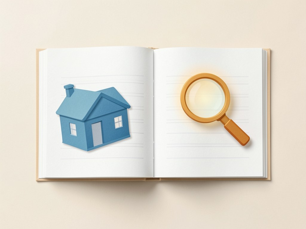 A stylized illustration of an open book with a small house and a magnifying glass on the pages, symbolizing learning and transparency.