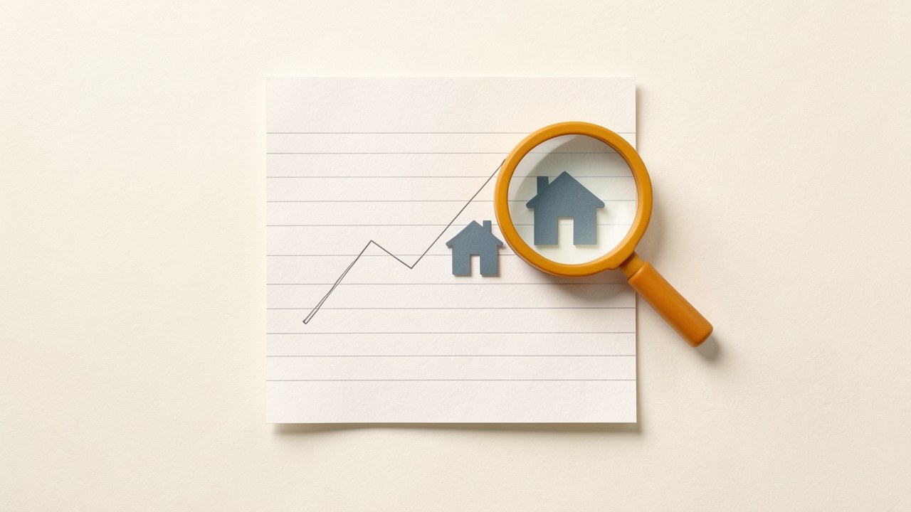An illustration of a stock market line graph on a piece of paper, with a magnifying glass inspecting a small house icon.