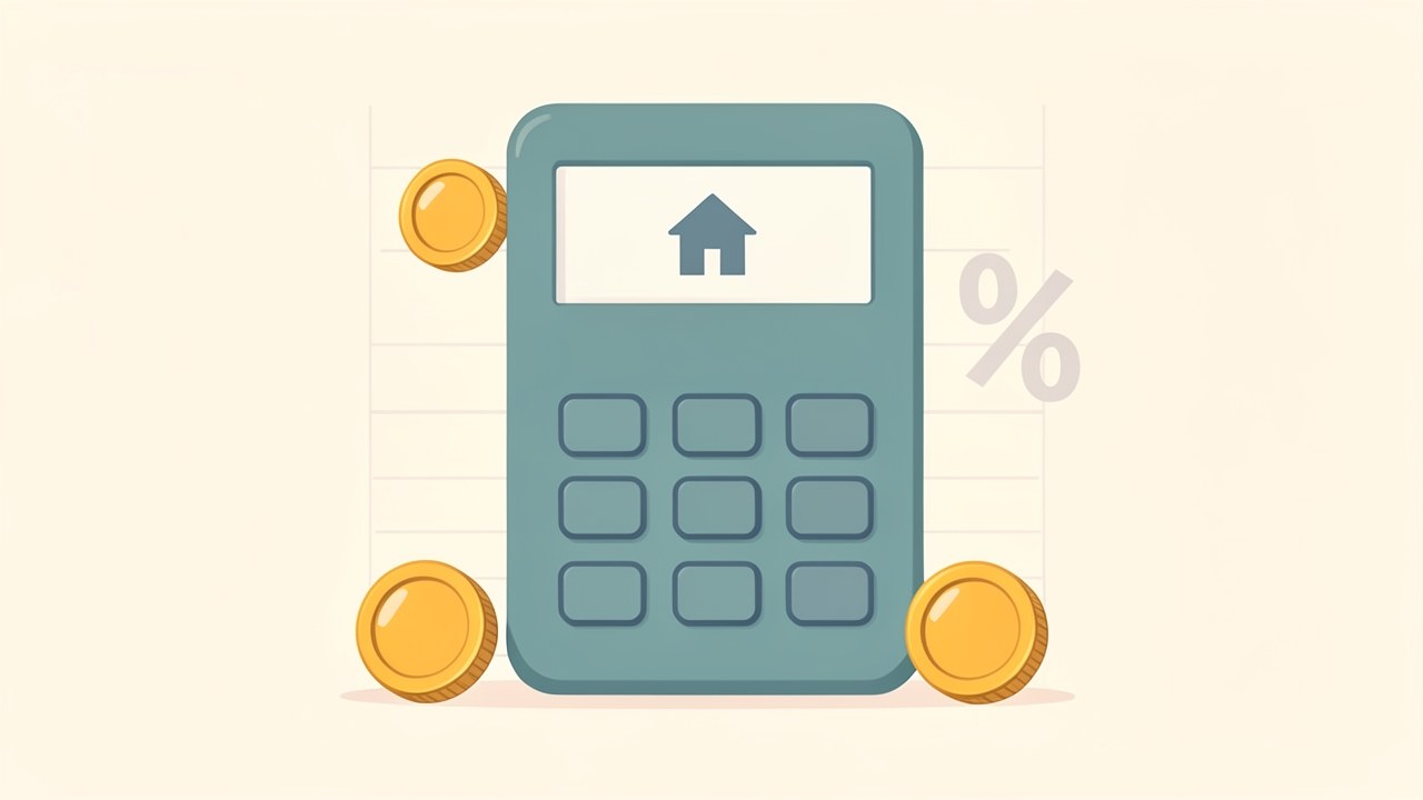 An illustration of a calculator with a small house on its screen, surrounded by coins and a percentage symbol.