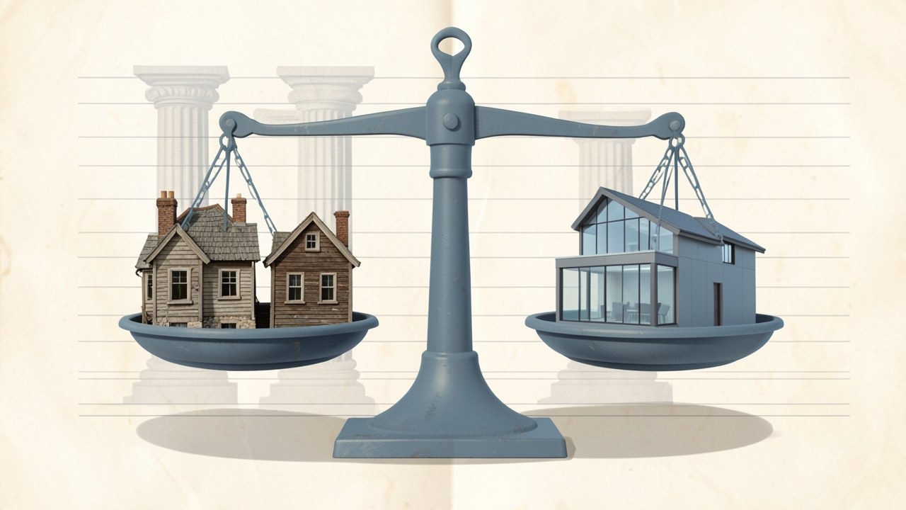 An illustration of a balanced scale with two houses on each side, set against a background of columns and a ledger page.