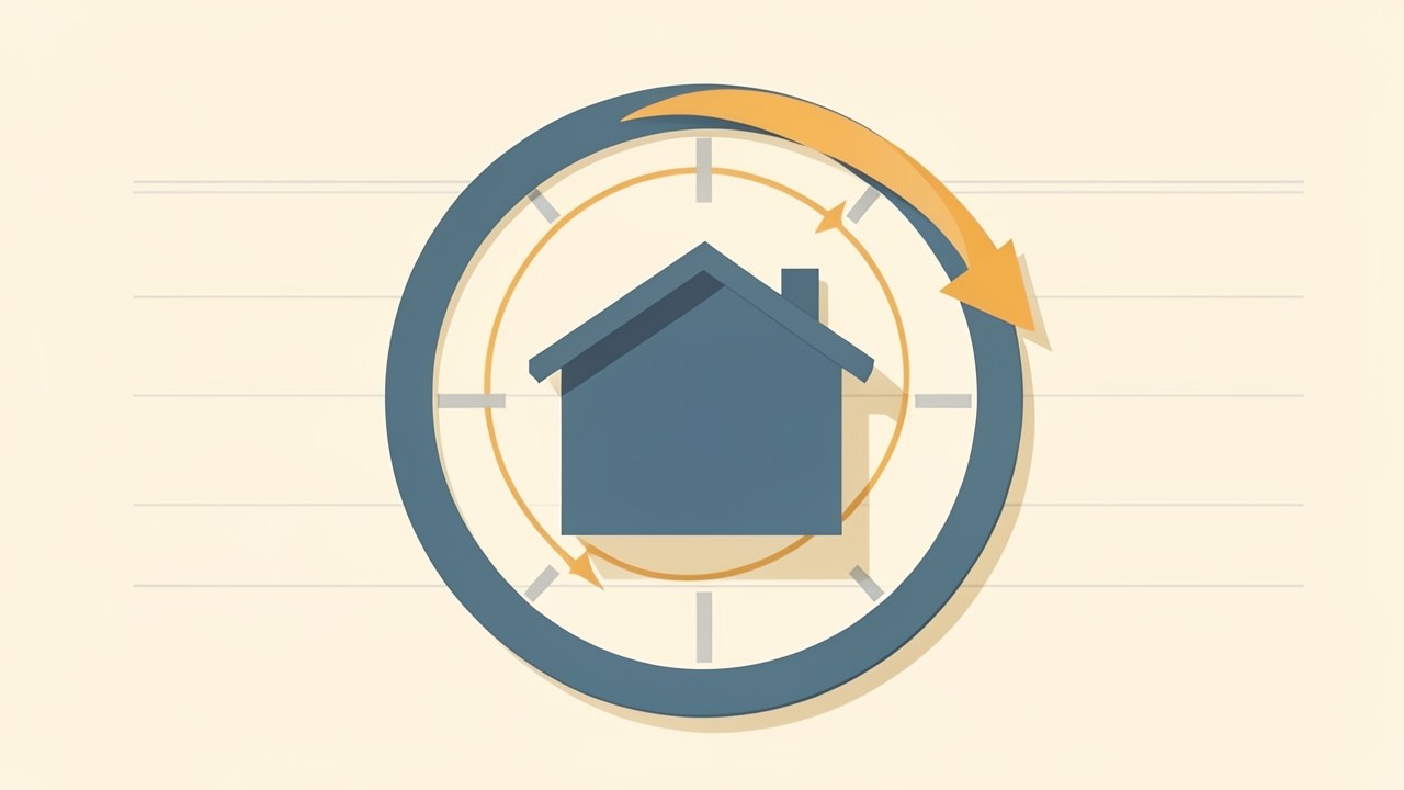 An illustration of a house with a circular arrow around it, inside a clock face, symbolizing refinancing over time.