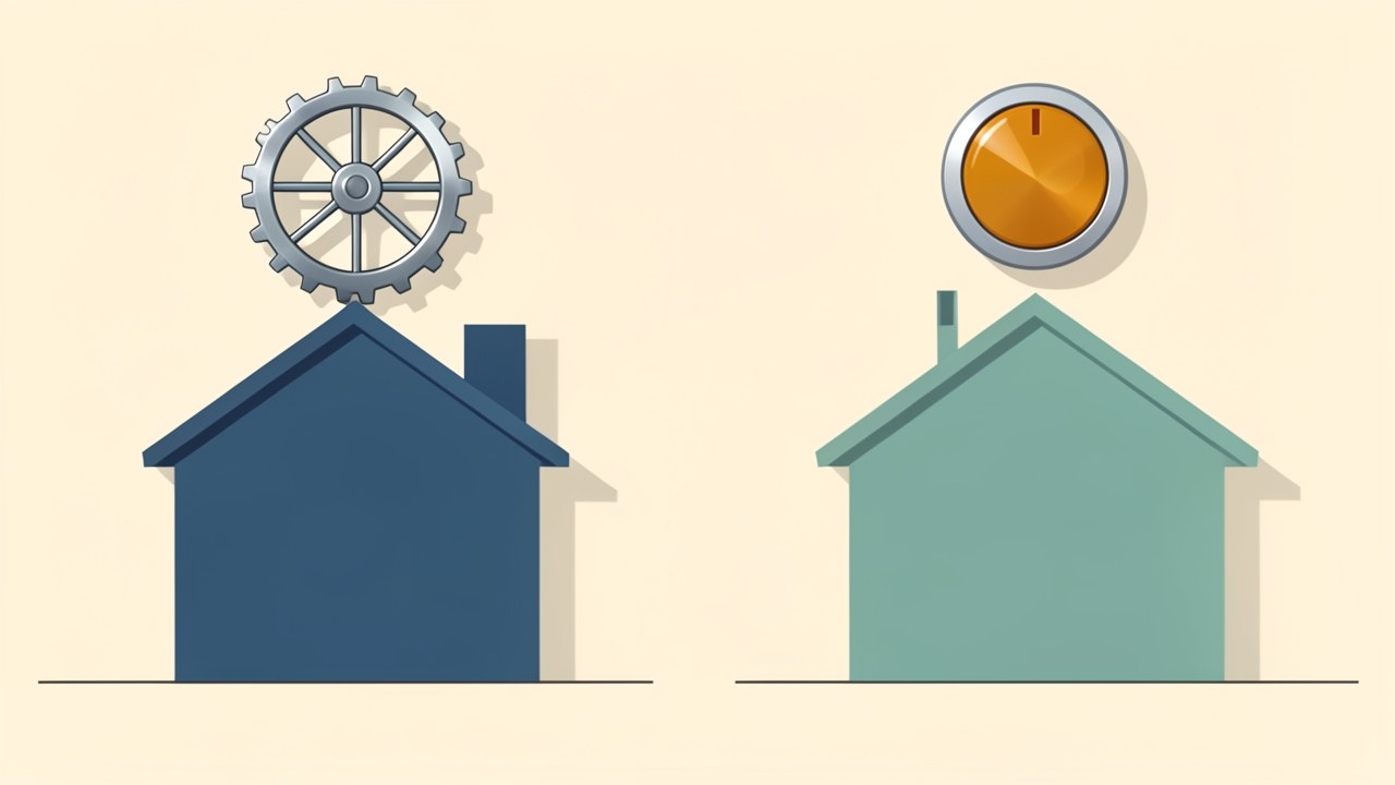An illustration of two houses, one with a fixed gear and the other with an adjustable dial, representing fixed and adjustable rates.