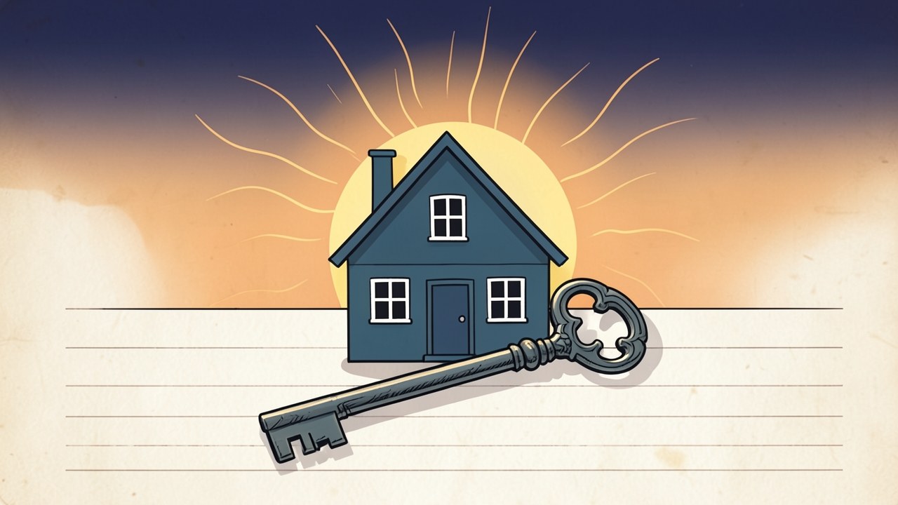 An illustration of a key and a house, with a sun rising behind, representing the start of homeownership.