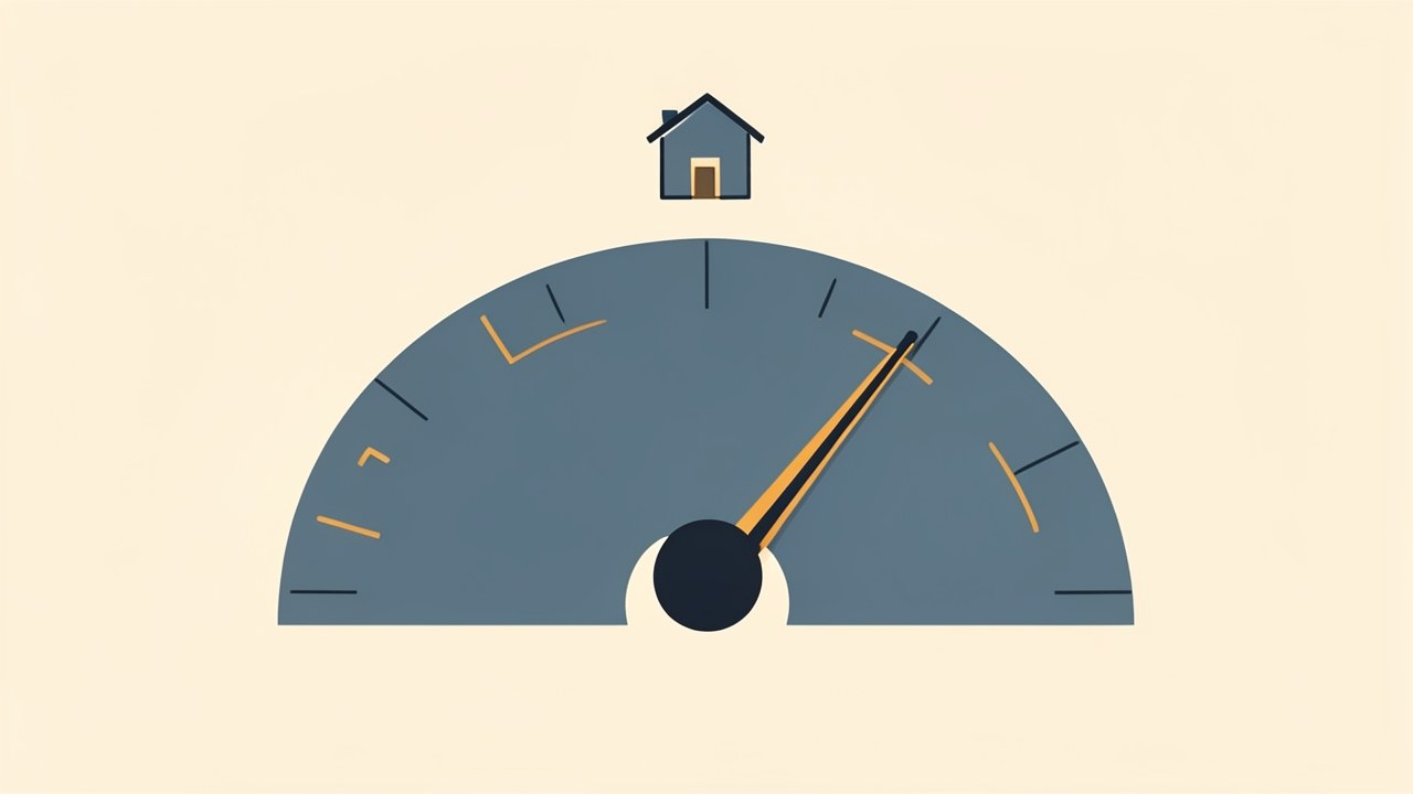 An illustration of a speedometer like a credit score gauge, with a house at the high end.